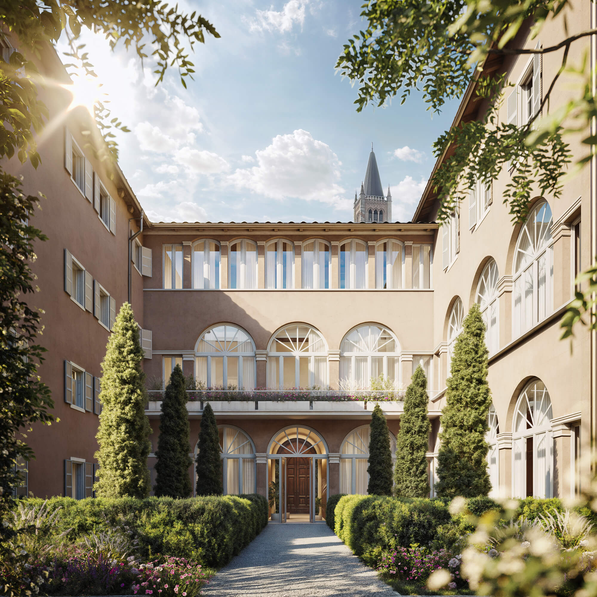 Palazzo storico a Parma valorizzato da Parmae City Lab, con la guglia del Duomo sullo sfondo